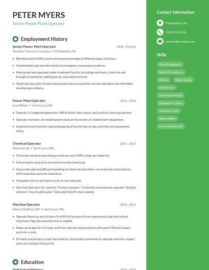 Senior Power Plant Operator Resume