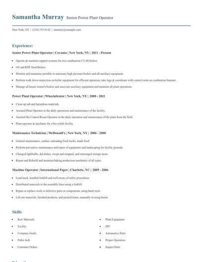 Senior Power Plant Operator Resume
