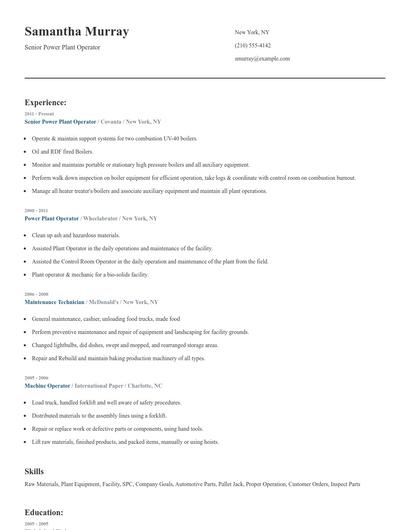 Senior Power Plant Operator Resume