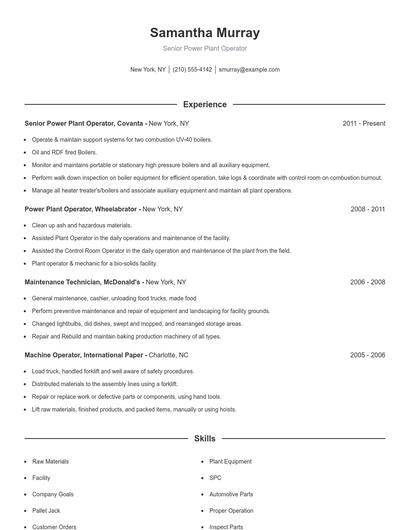Senior Power Plant Operator Resume