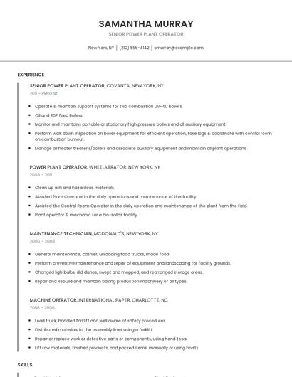 Senior Power Plant Operator Resume