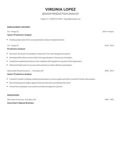 Senior Production Analyst Resume