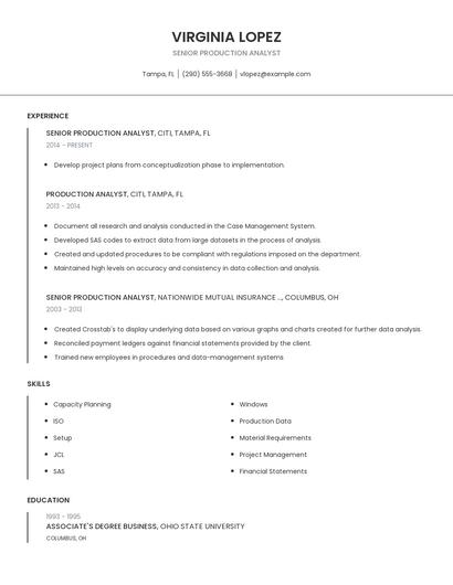 Senior Production Analyst Resume
