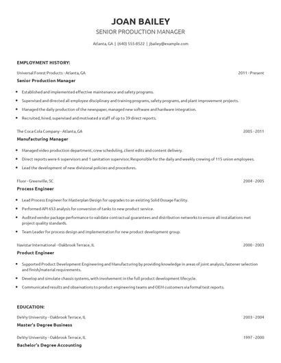 Senior Production Manager Resume