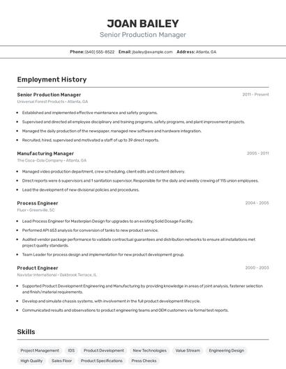Senior Production Manager Resume