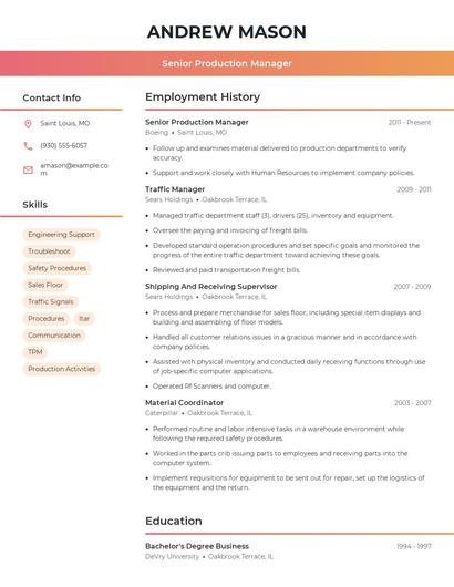 Senior Production Manager Resume