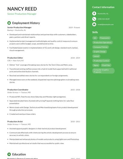 Senior Production Manager Resume