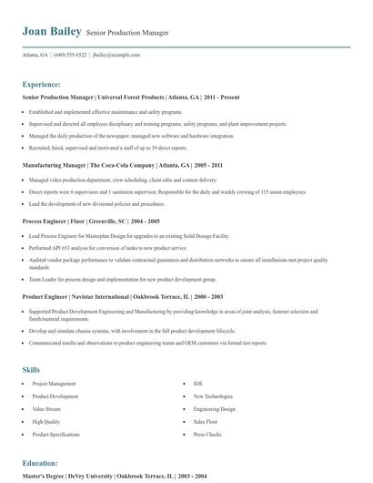 Senior Production Manager Resume