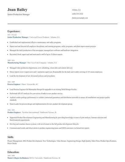 Senior Production Manager Resume