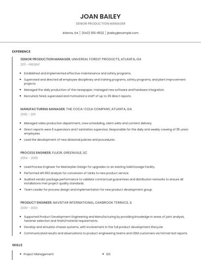 Senior Production Manager Resume