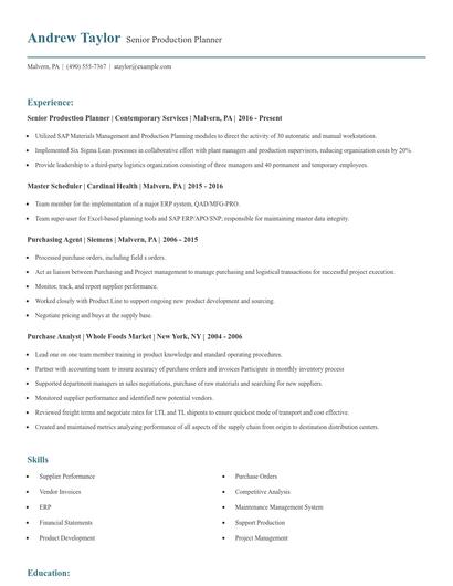 Senior Production Planner Resume