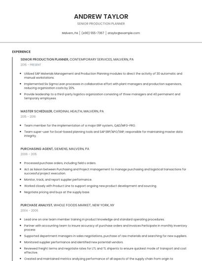Senior Production Planner Resume