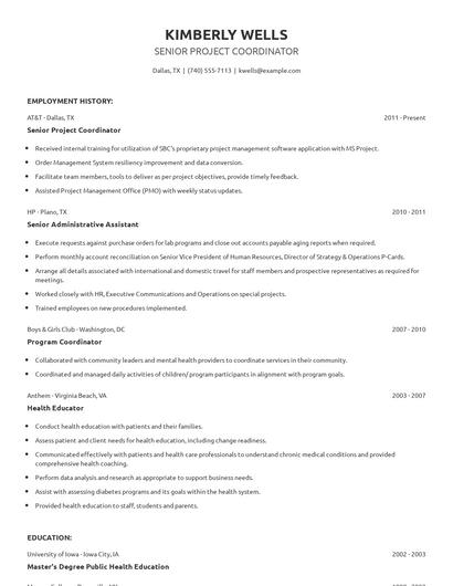 Senior Project Coordinator Resume
