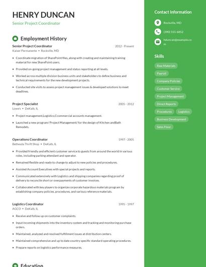Senior Project Coordinator Resume