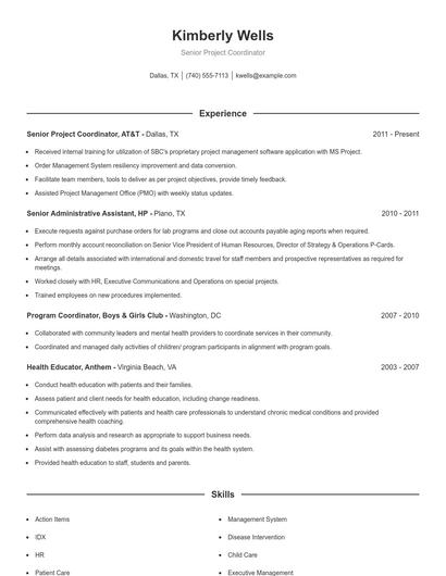 Senior Project Coordinator Resume