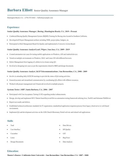 Senior Quality Assurance Manager Resume
