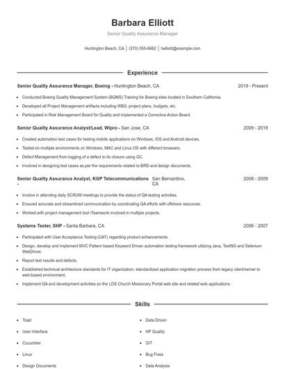 Senior Quality Assurance Manager Resume