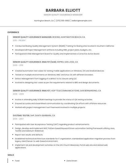 Senior Quality Assurance Manager Resume