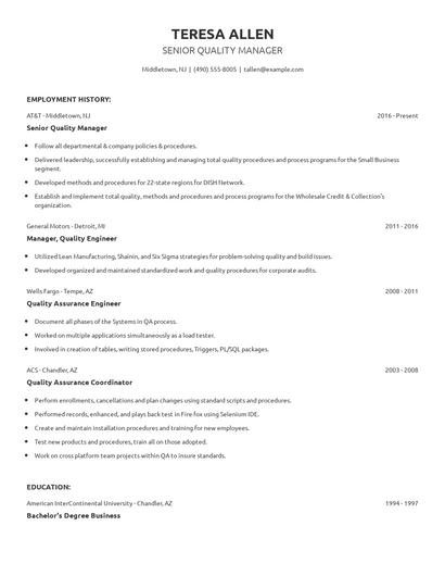 Senior Quality Manager Resume
