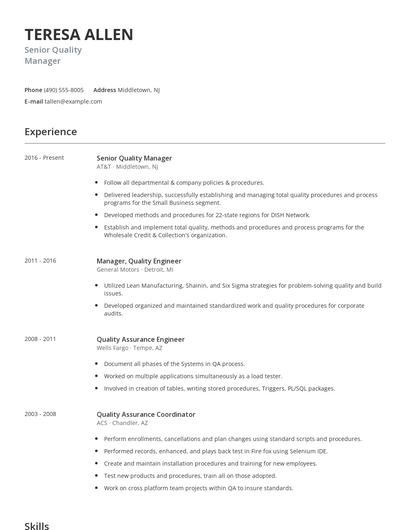 Senior Quality Manager Resume