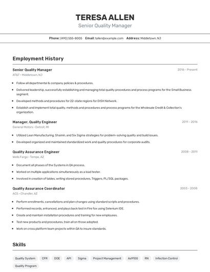 Senior Quality Manager Resume