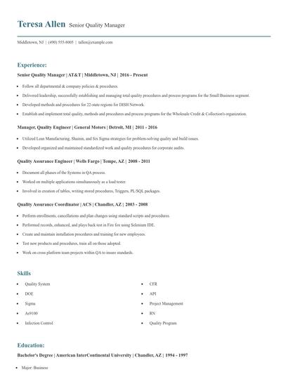 Senior Quality Manager Resume