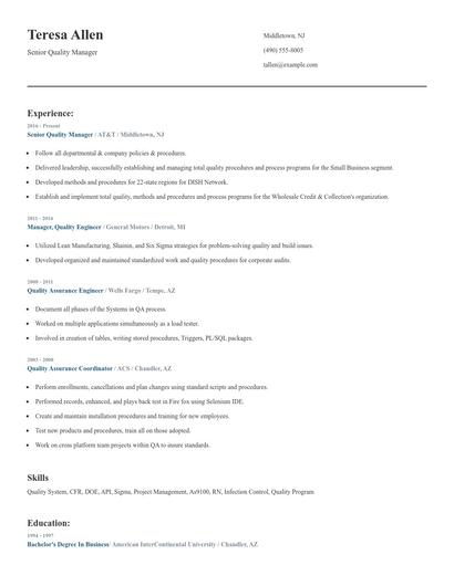 Senior Quality Manager Resume