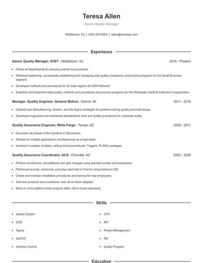 Senior Quality Manager Resume