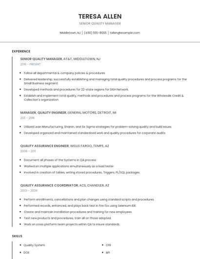 Senior Quality Manager Resume