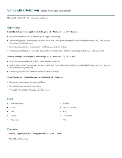 Senior Radiologic Technologist Resume