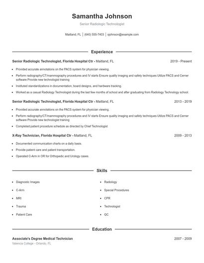 Senior Radiologic Technologist Resume