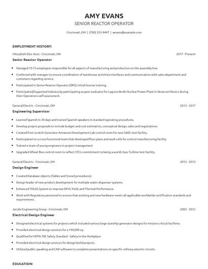 Senior Reactor Operator Resume
