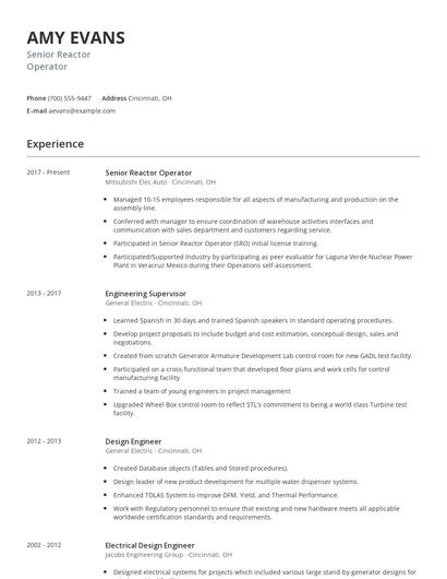 Senior Reactor Operator Resume