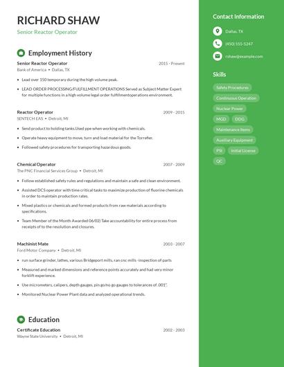 Senior Reactor Operator Resume