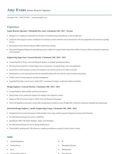 Senior Reactor Operator Resume