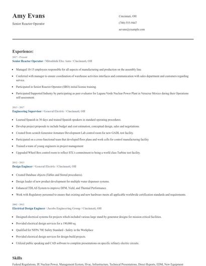 Senior Reactor Operator Resume