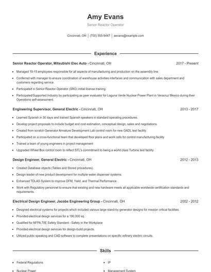 Senior Reactor Operator Resume