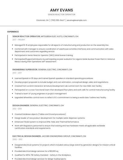Senior Reactor Operator Resume