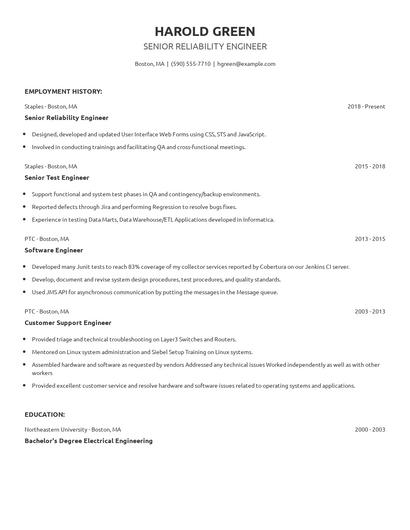 Senior Reliability Engineer Resume
