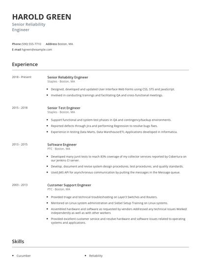 Senior Reliability Engineer Resume
