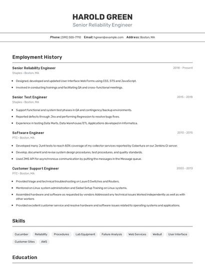 Senior Reliability Engineer Resume