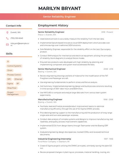 Senior Reliability Engineer Resume