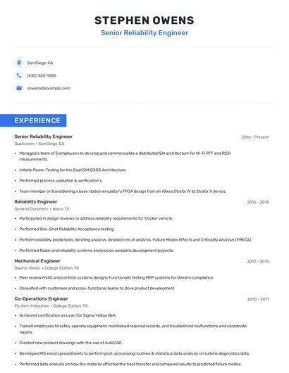 Senior Reliability Engineer Resume