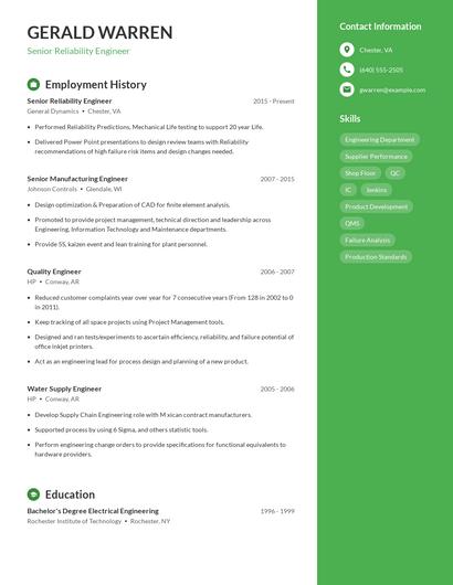 Senior Reliability Engineer Resume