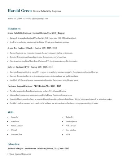 Senior Reliability Engineer Resume