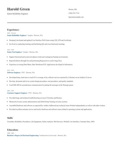 Senior Reliability Engineer Resume