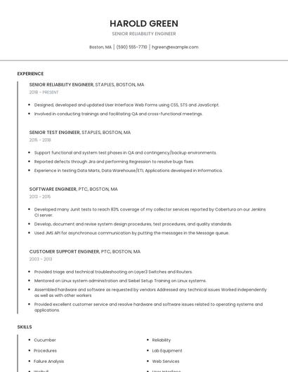 Senior Reliability Engineer Resume