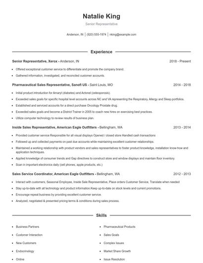 Senior Representative Resume