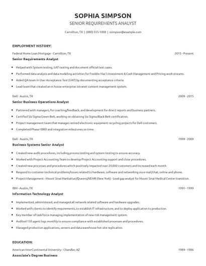 Senior Requirements Analyst Resume