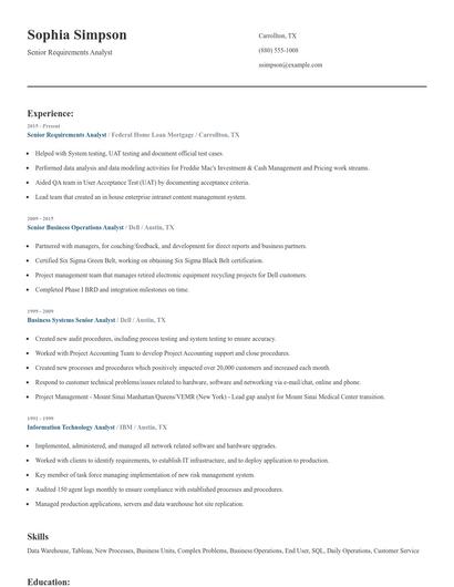 Senior Requirements Analyst Resume